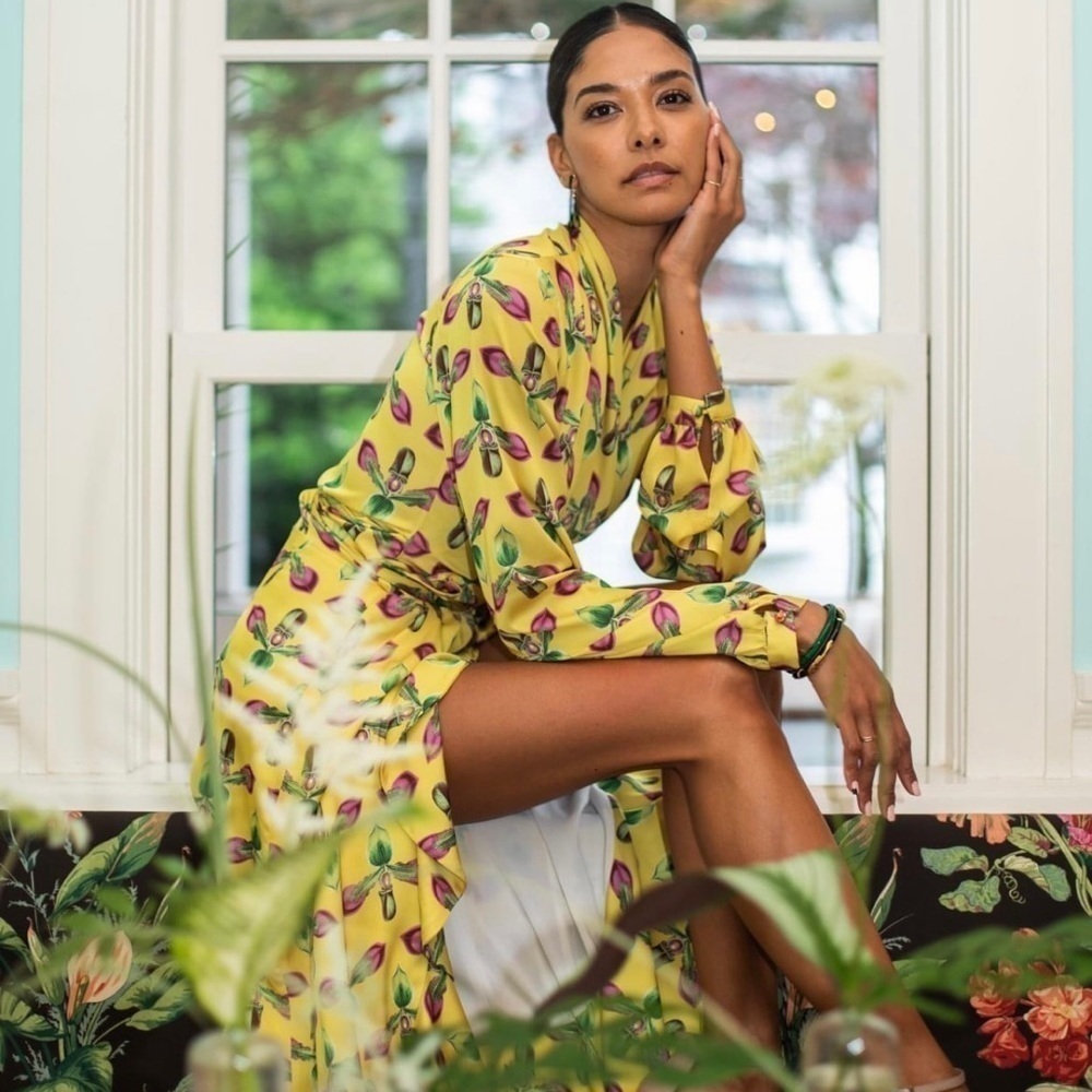 PatBo Floral Tropical Wrap Satin Ruffle Midi Dress Yellow Size 2 Cocktail Summer